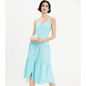 LOFT Petite 10P Blue Linen Blend Button Front Midi Dress